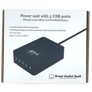 Power Unit 5 USB 2 AC Outlet Surge Protection Black Leatherette Case